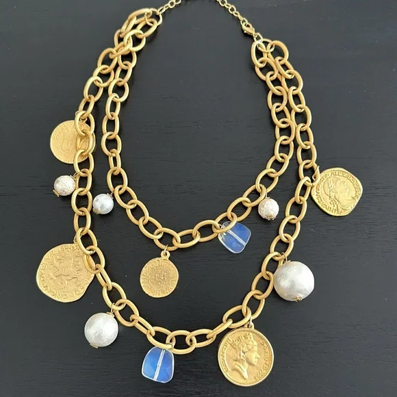 Susan Shaw 24kt hand casted, gold plated statement necklace w coins & pearls. - Picture 3 of 7